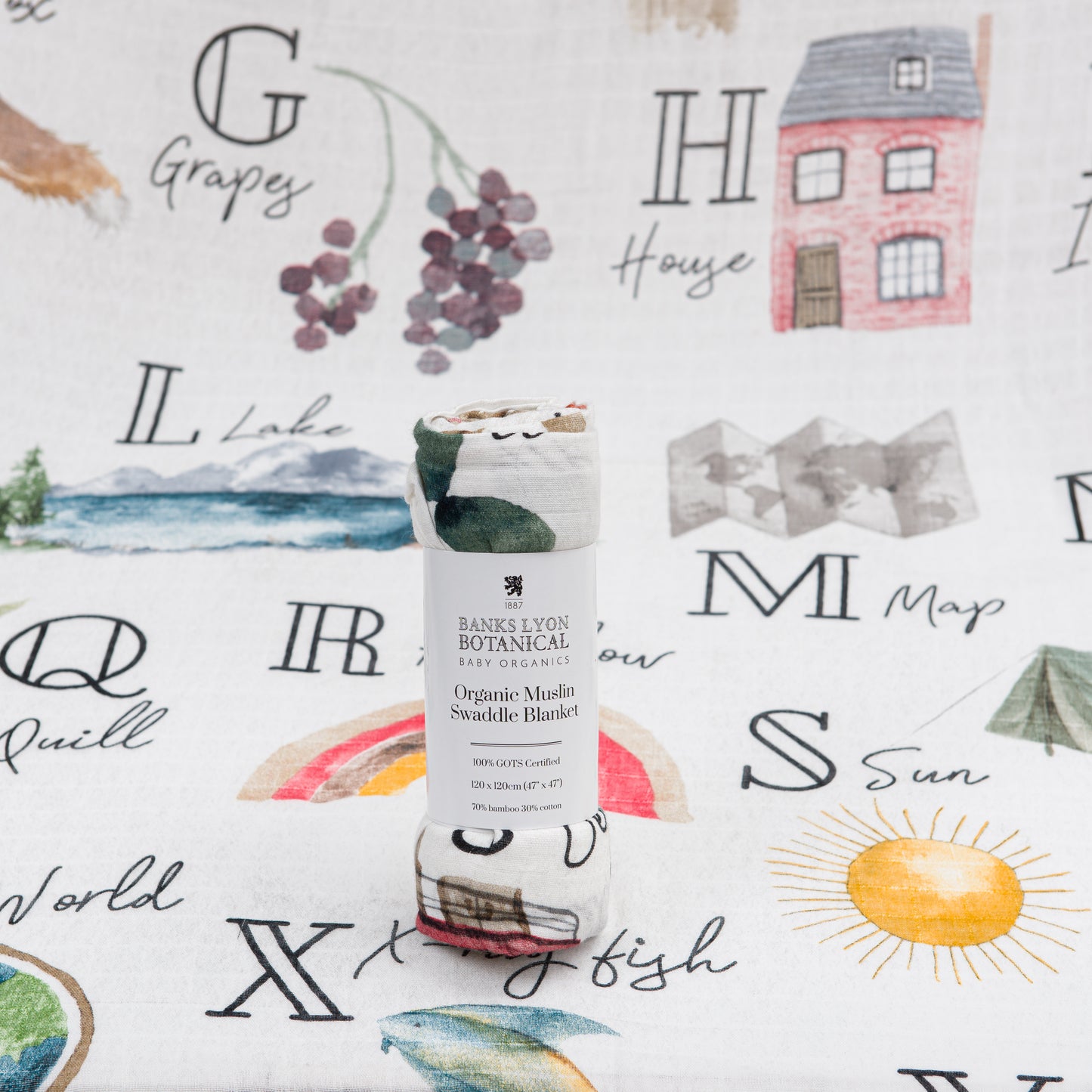 Banks-Lyon Botanical | Bamboo Baby Swaddle Blanket, Alphabet Print