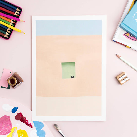 Niaski | A4 Print | Wall with Green Door and Cat