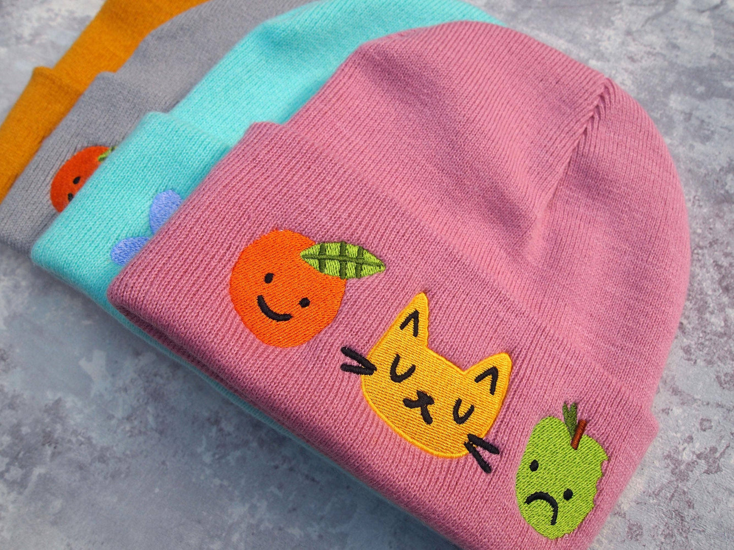 I Like Cats | Embroidered Knitted Beanie Hat | Cat & Fruit