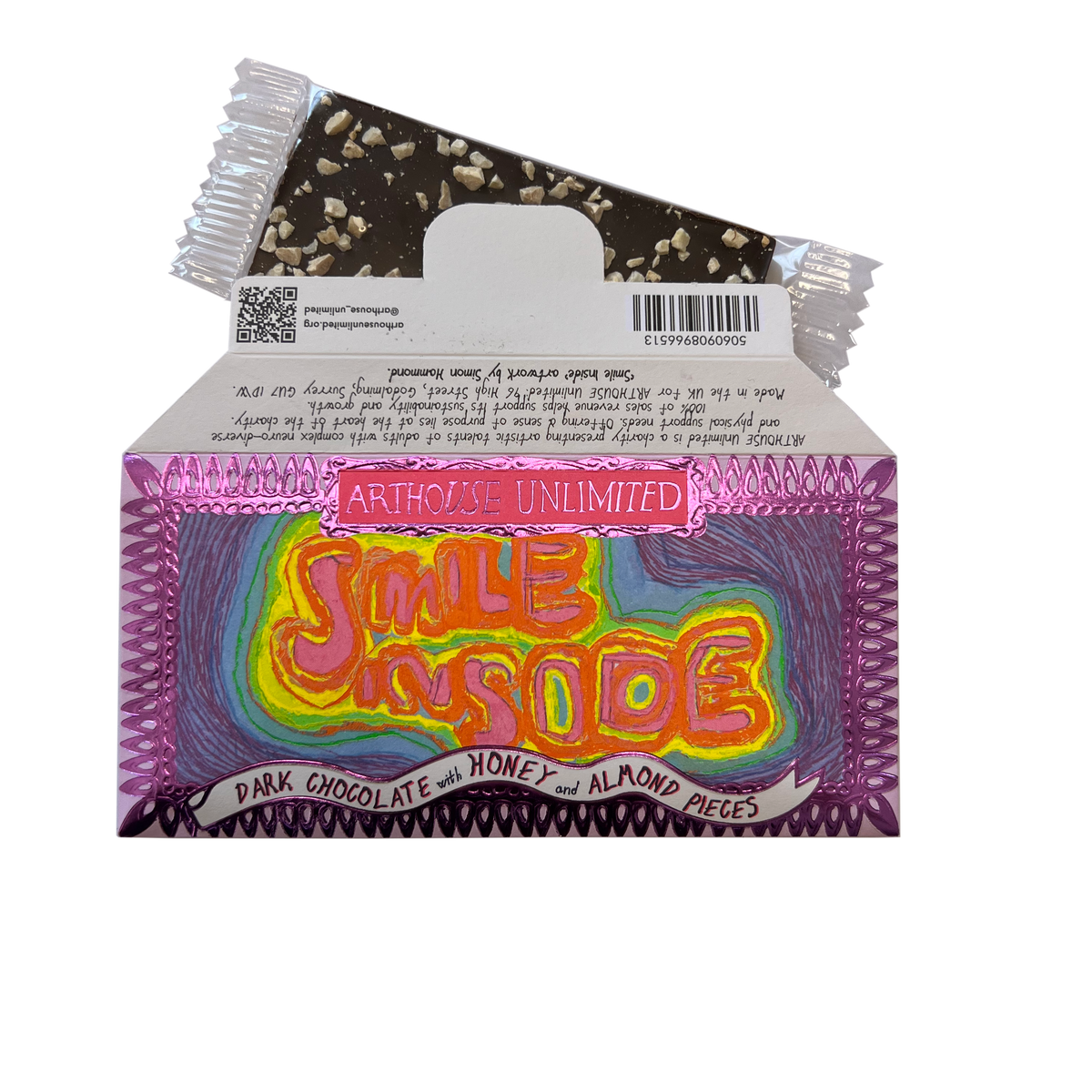 Arthouse Unlimited | Joy Sized: Big Hugs, Salted Caramel Milk Chocolate with Golden Puff Balls Unlimited - Joy Sized: Smile Inside, Dark Chocolate with Honey & Almond Pieces