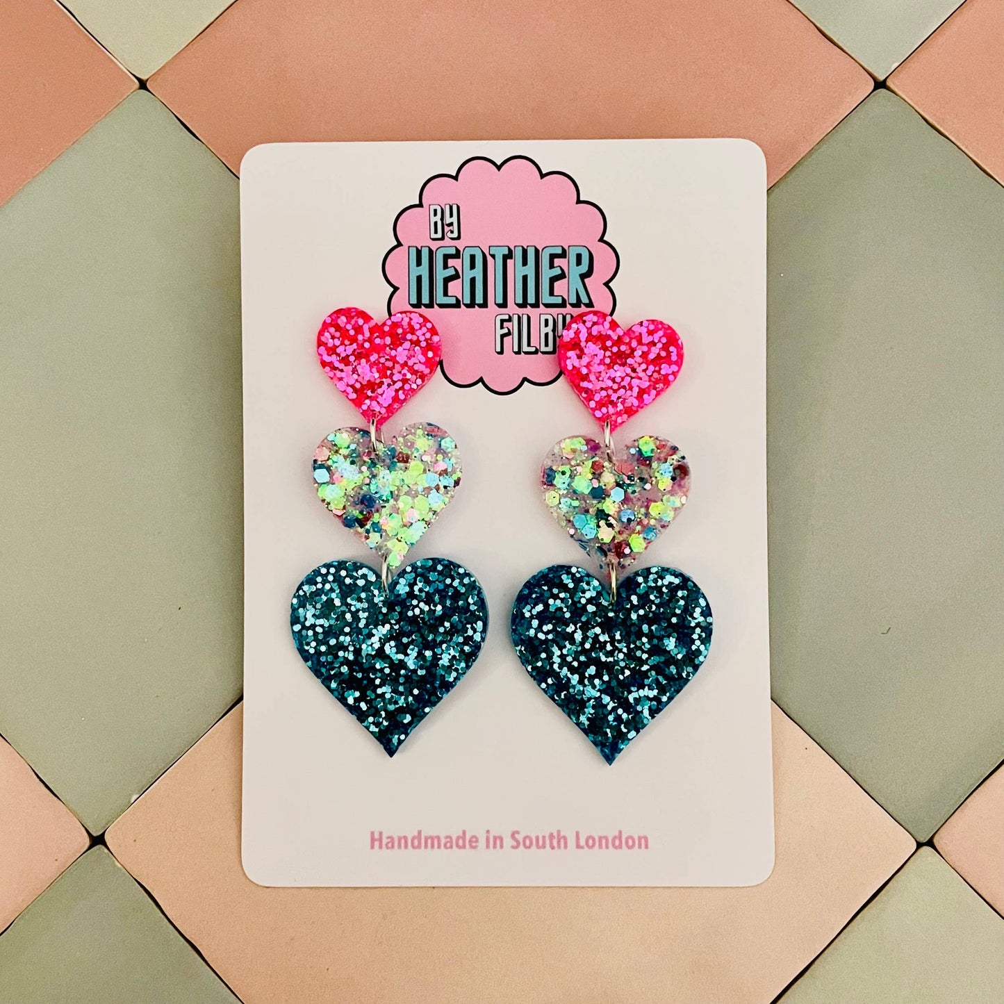 By Heather Filby | Glitzy Glitter Earrings | Triple Heart