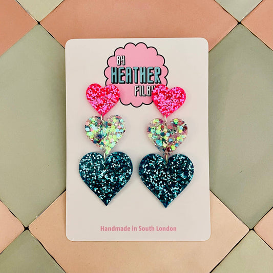 By Heather Filby | Glitzy Glitter Earrings | Triple Heart
