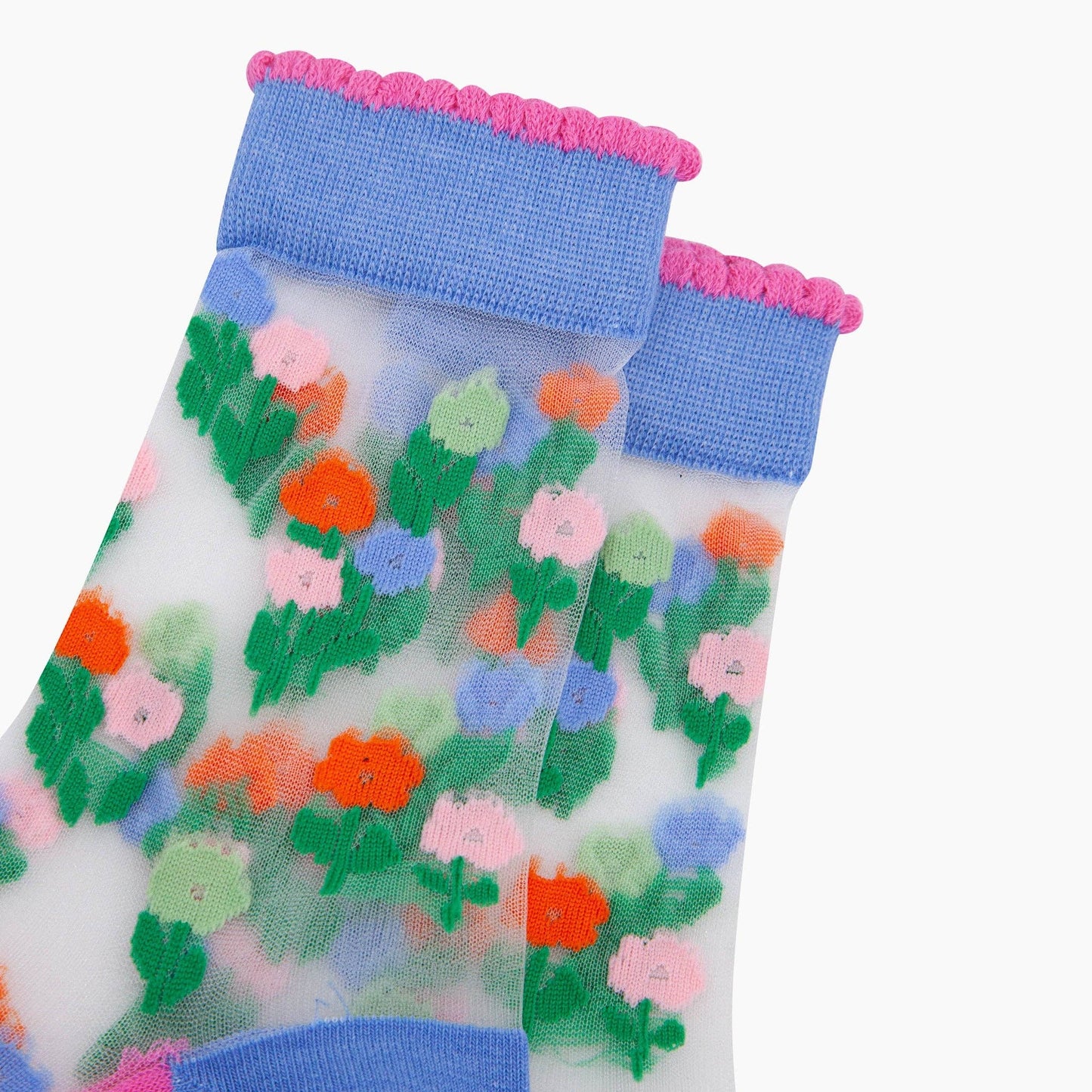 Sock Talk | Floral Posy Combed Cotton Sheer Pop Socks in Blue | UK 3-7