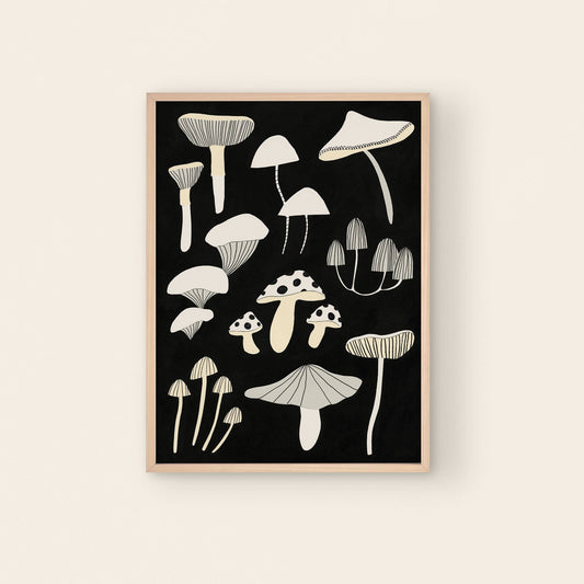 Little Black Cat | A4 Print | Black And White Mushrooms