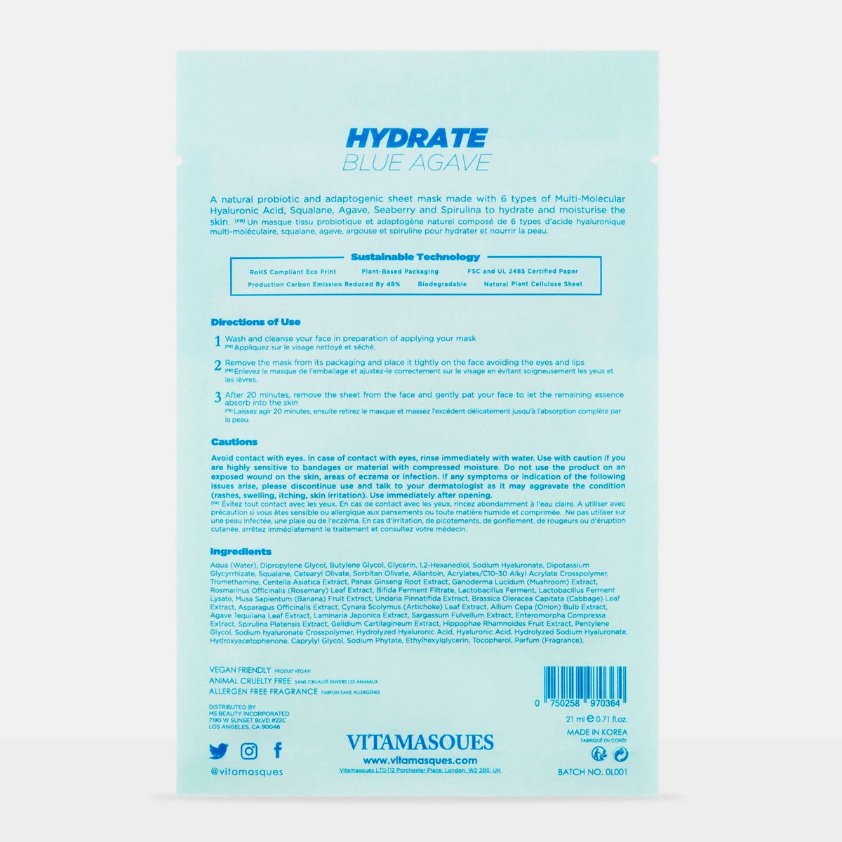 Vitamasques | Hydrate Blue Agave Biodegradable Face Sheet Mask