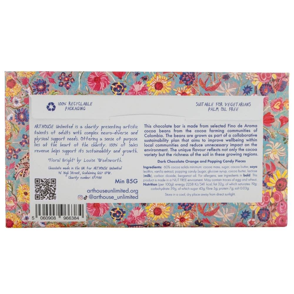 Arthouse Unlimited | Floral Bright, Dark Chocolate Bar with Orange & Popping Candy pieces