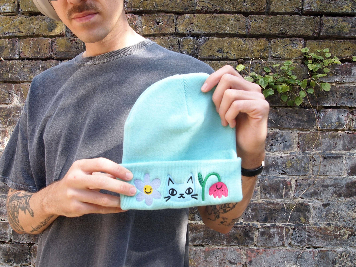 I Like Cats | Embroidered Knitted Beanie Hat | Cat & Flowers