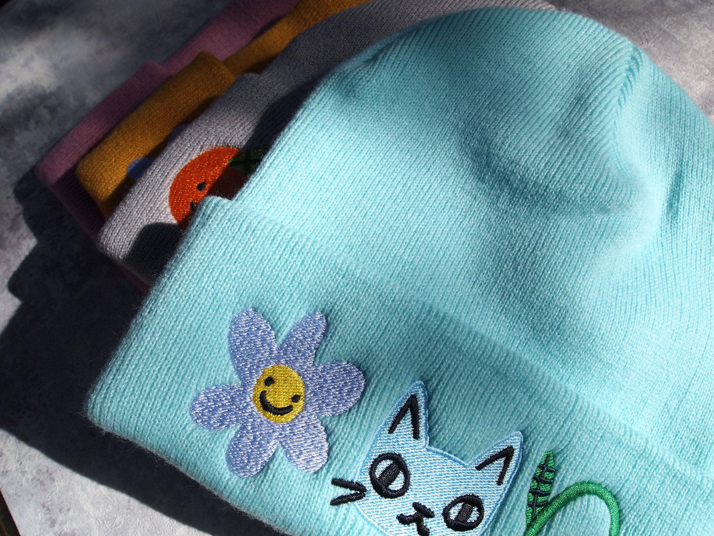 I Like Cats | Embroidered Knitted Beanie Hat | Cat & Flowers