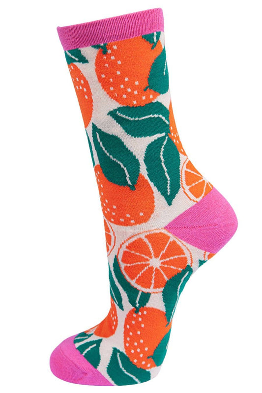 Sock Talk | Women's Orange Print Bamboo Socks in Cream Hot Pink | UK 3-7 | EU 36-40