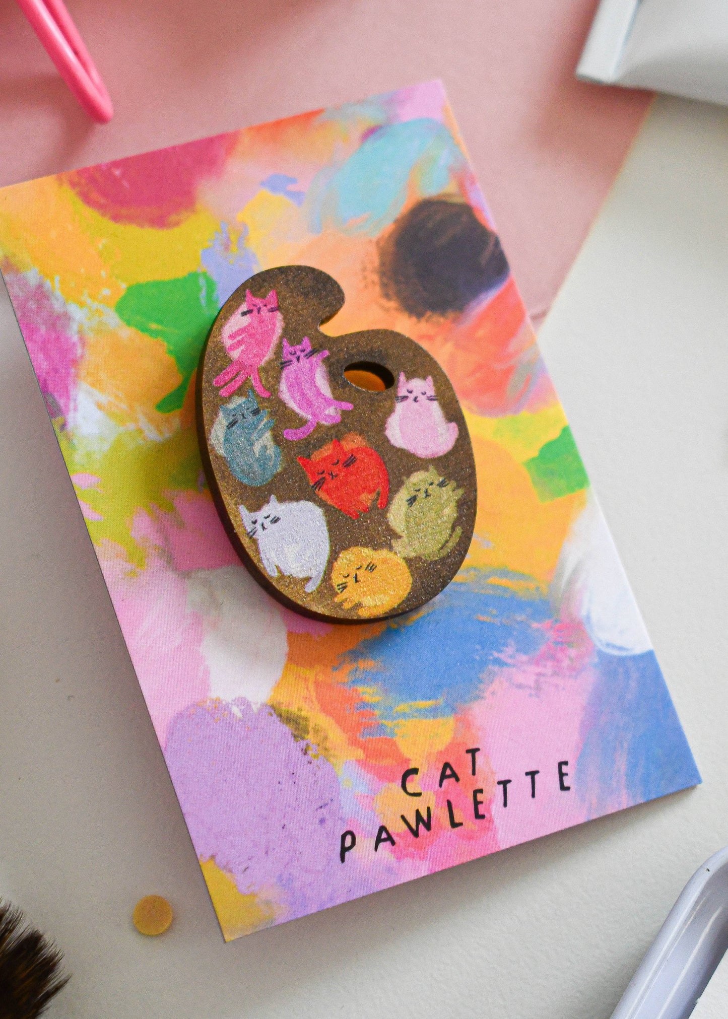 Niaski | Wooden Pin Badge | Cat Art Paint Palette