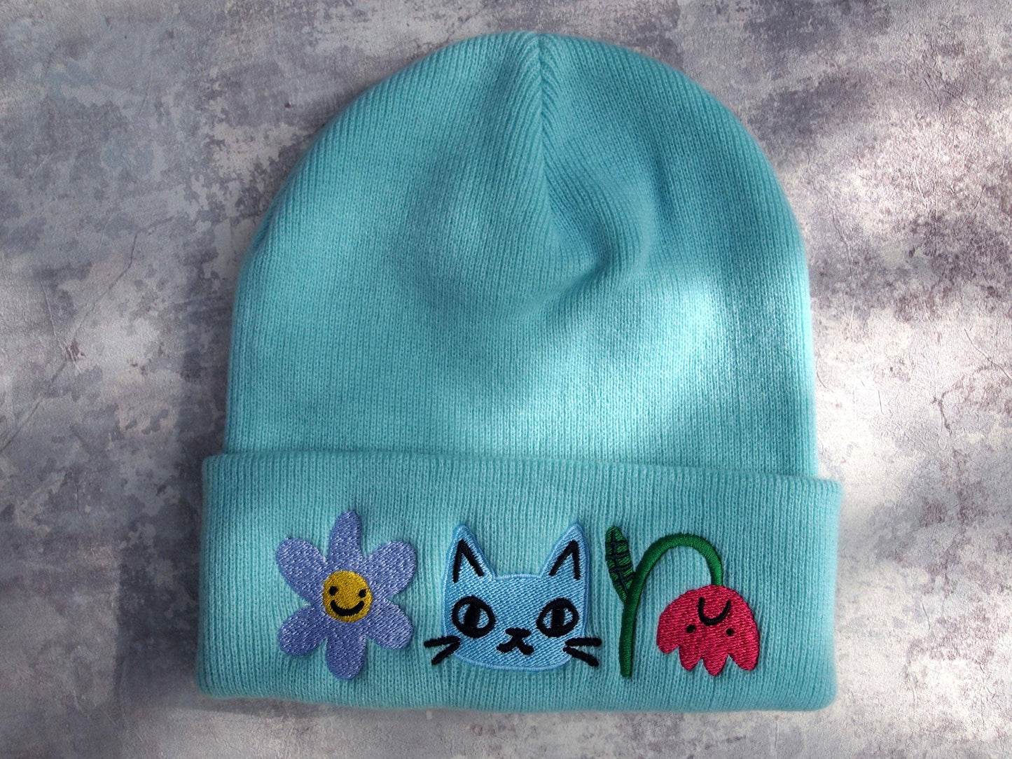 I Like Cats | Embroidered Knitted Beanie Hat | Cat & Flowers