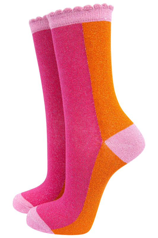 Sock Talk | Women's Cotton Glitter Socks Colour Block in Pink & Orange: UK 3-7 | EU 36-40