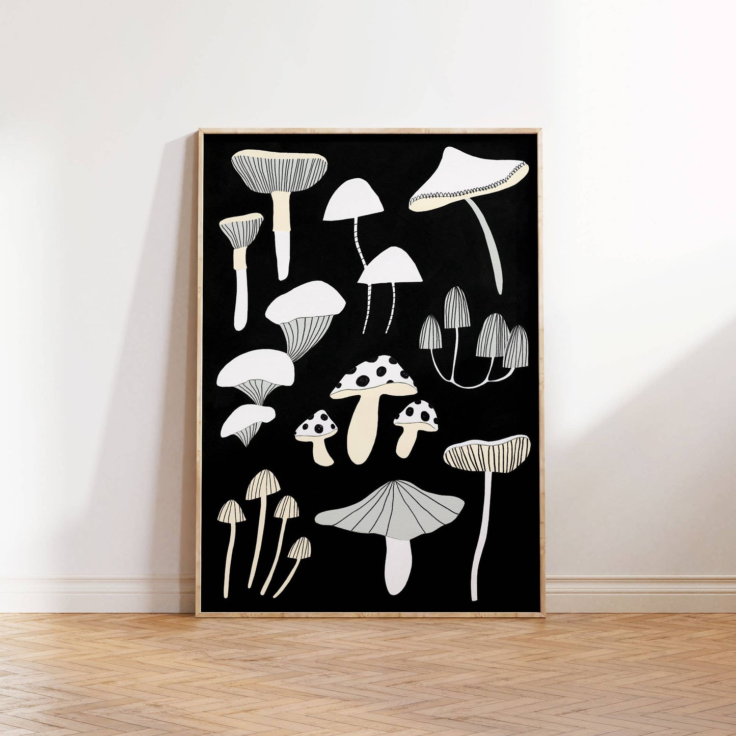 Little Black Cat | A4 Print | Black And White Mushrooms