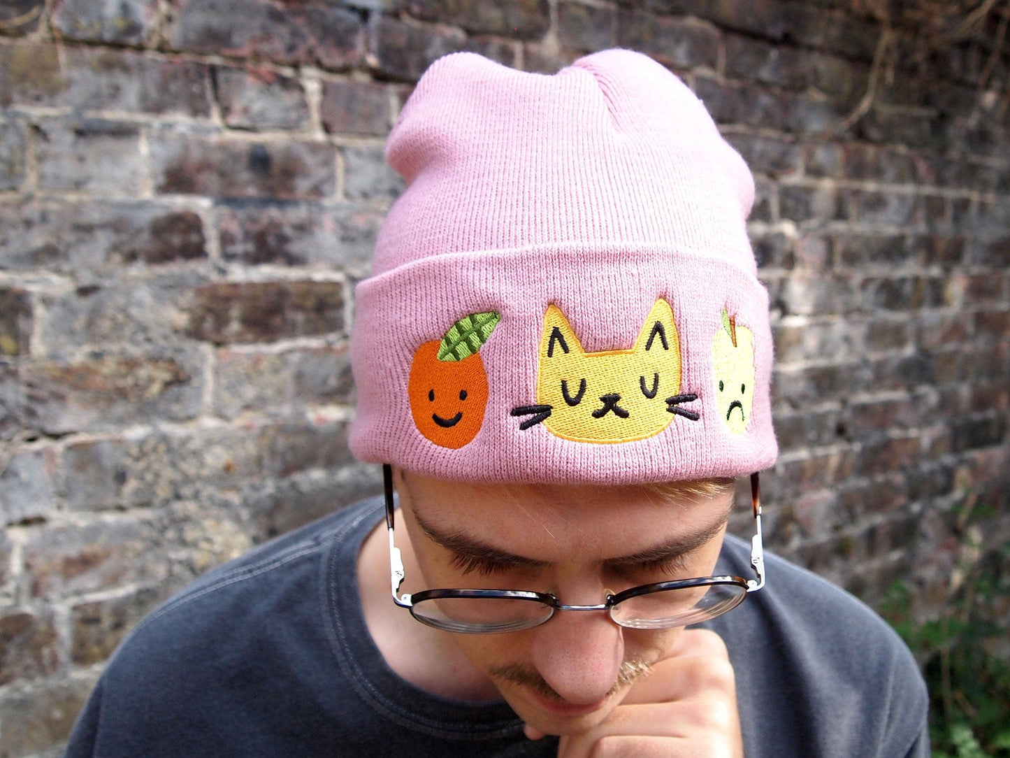 I Like Cats | Embroidered Knitted Beanie Hat | Cat & Fruit