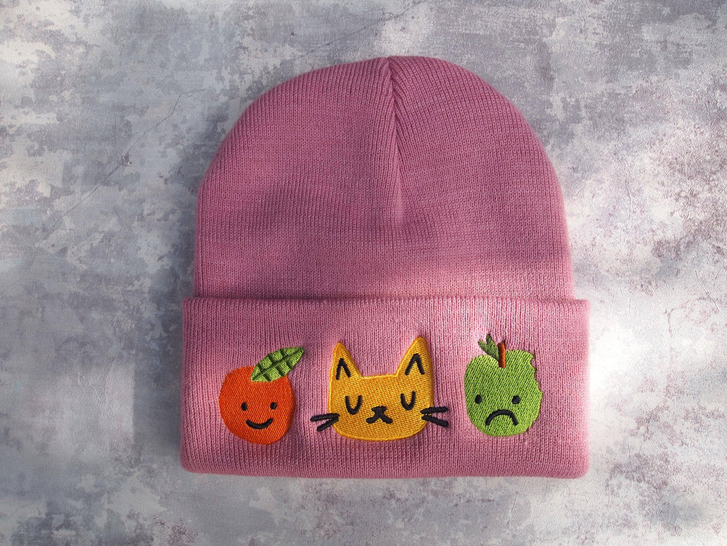 I Like Cats | Embroidered Knitted Beanie Hat | Cat & Fruit
