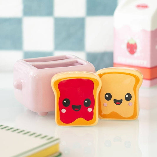 Kawaii Salt and Pepper Shakers | Toasts in Toaster Holder
