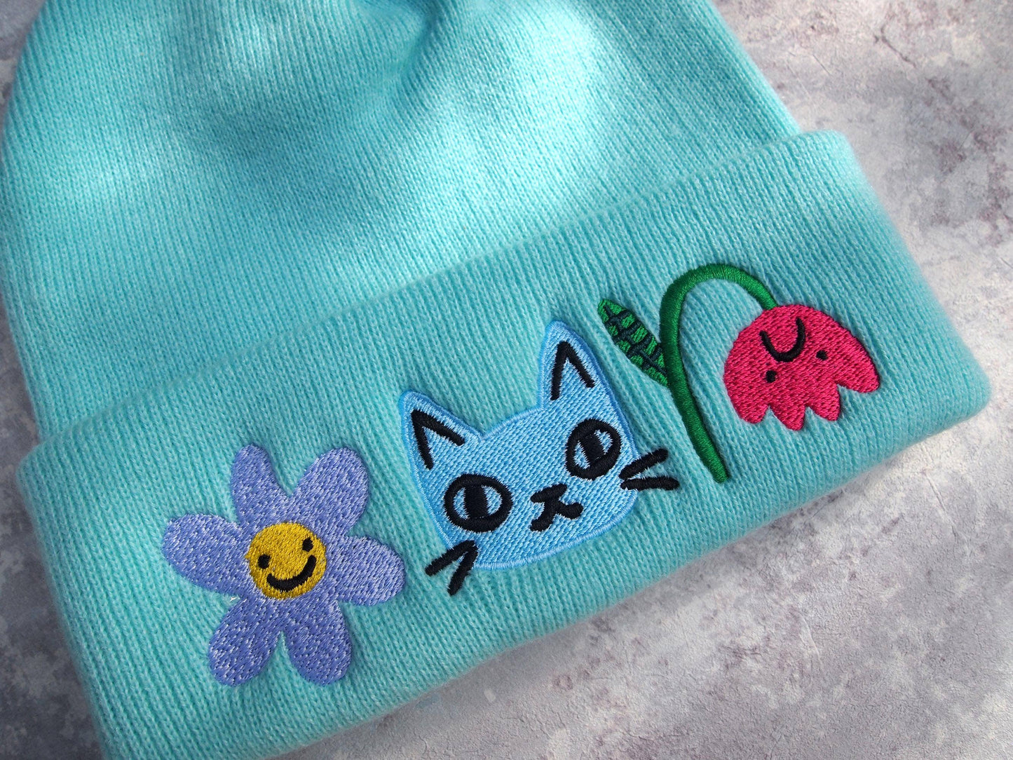I Like Cats | Embroidered Knitted Beanie Hat | Cat & Flowers