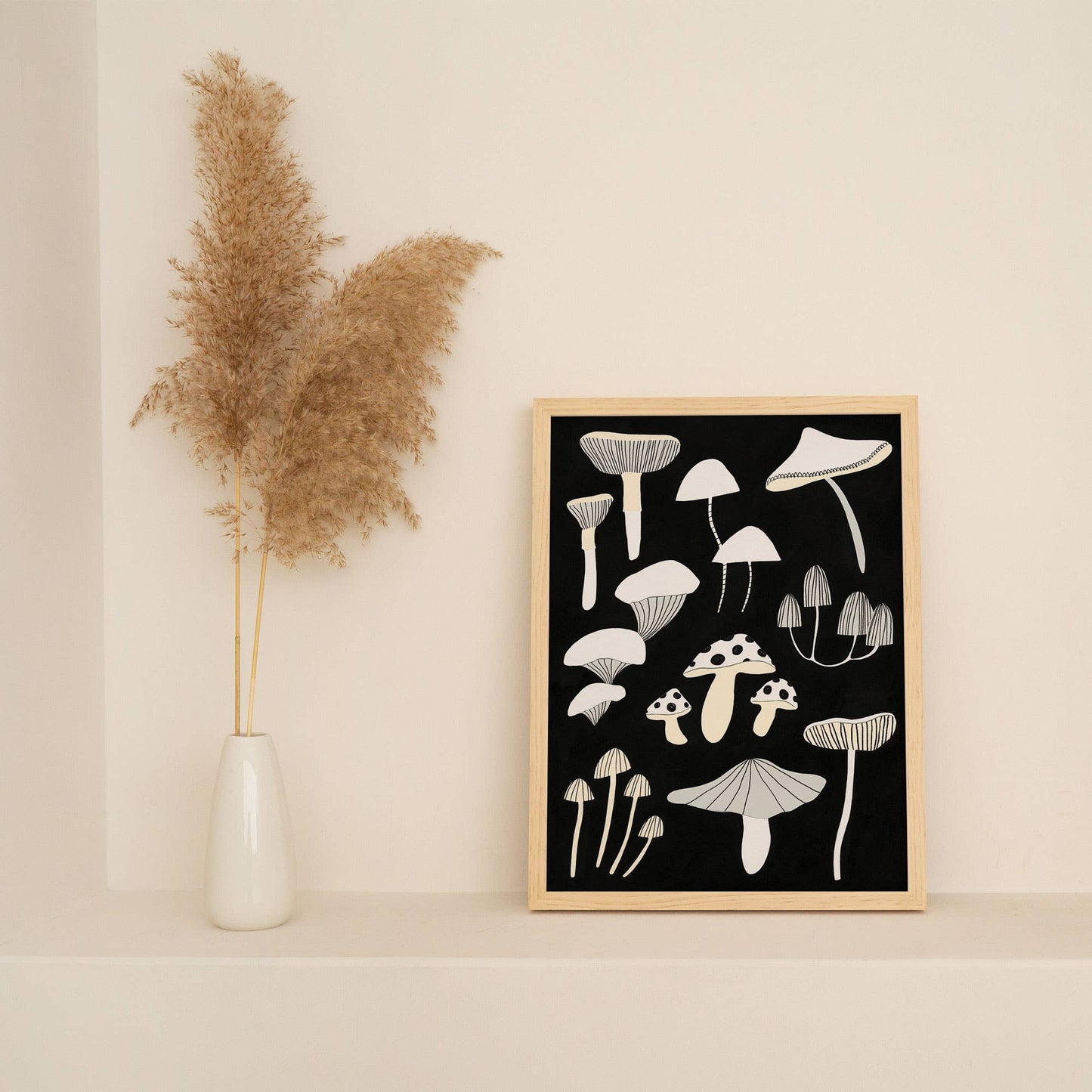 Little Black Cat | A4 Print | Black And White Mushrooms