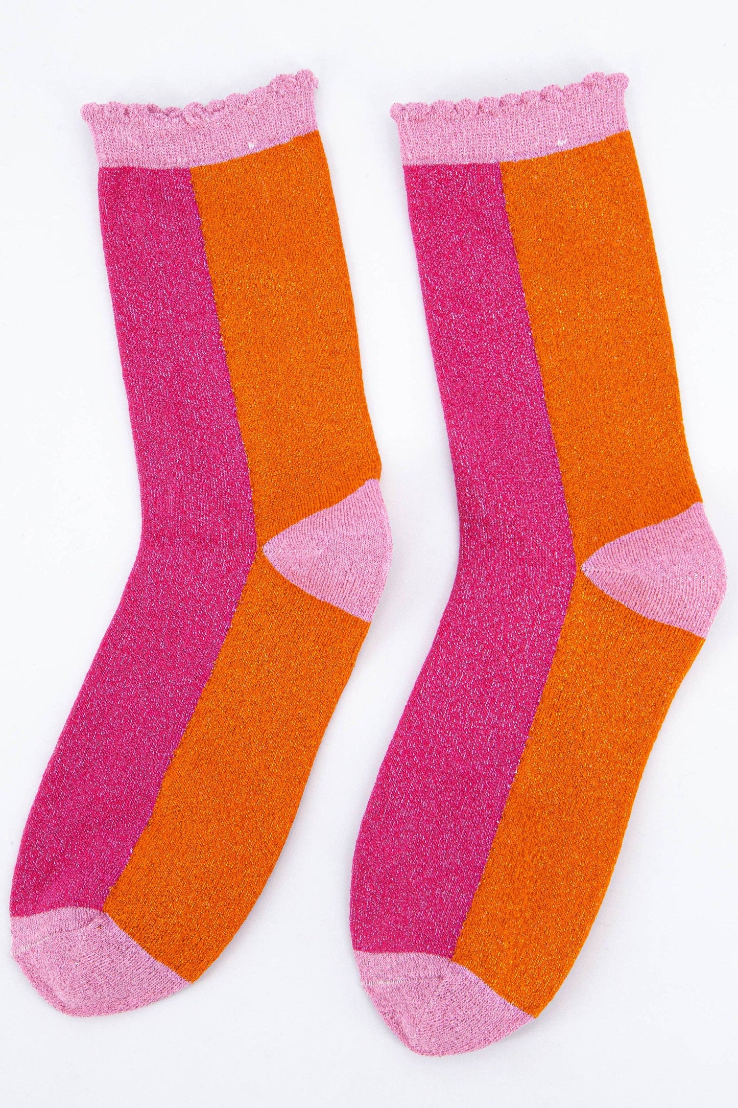 Sock Talk | Women's Cotton Glitter Socks Colour Block in Pink & Orange: UK 3-7 | EU 36-40