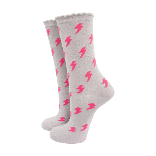 Sock Talk | Women's Glitter Socks | Lightning Bolt Grey | UK 3-7