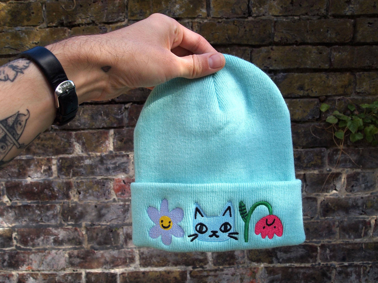 I Like Cats | Embroidered Knitted Beanie Hat | Cat & Flowers
