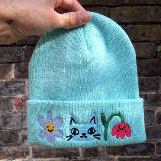 I Like Cats | Embroidered Knitted Beanie Hat | Cat & Flowers