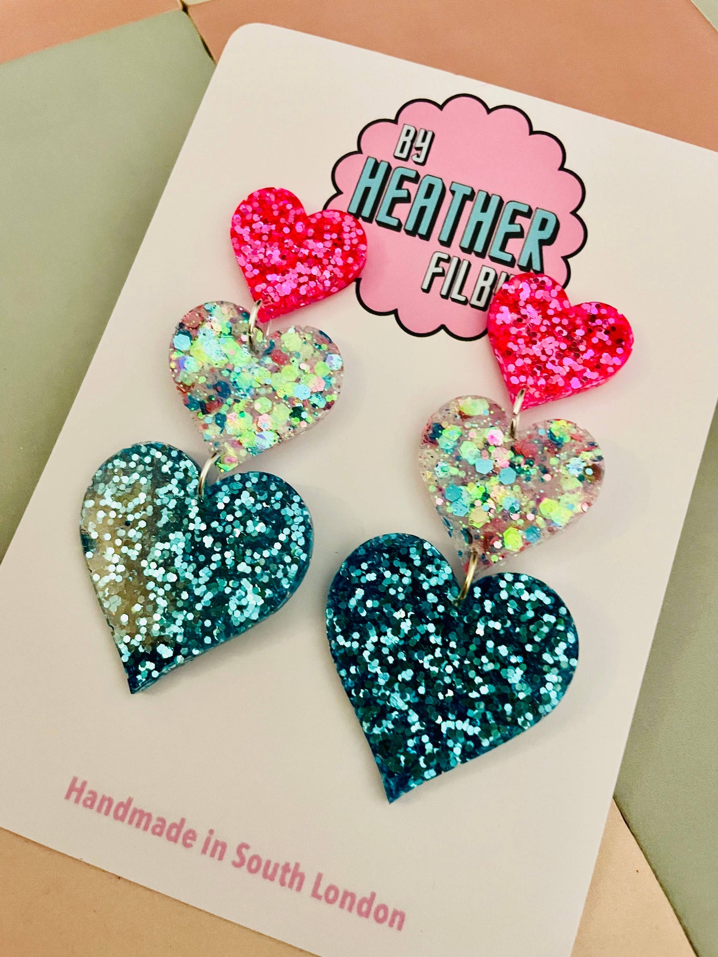 By Heather Filby | Glitzy Glitter Earrings | Triple Heart