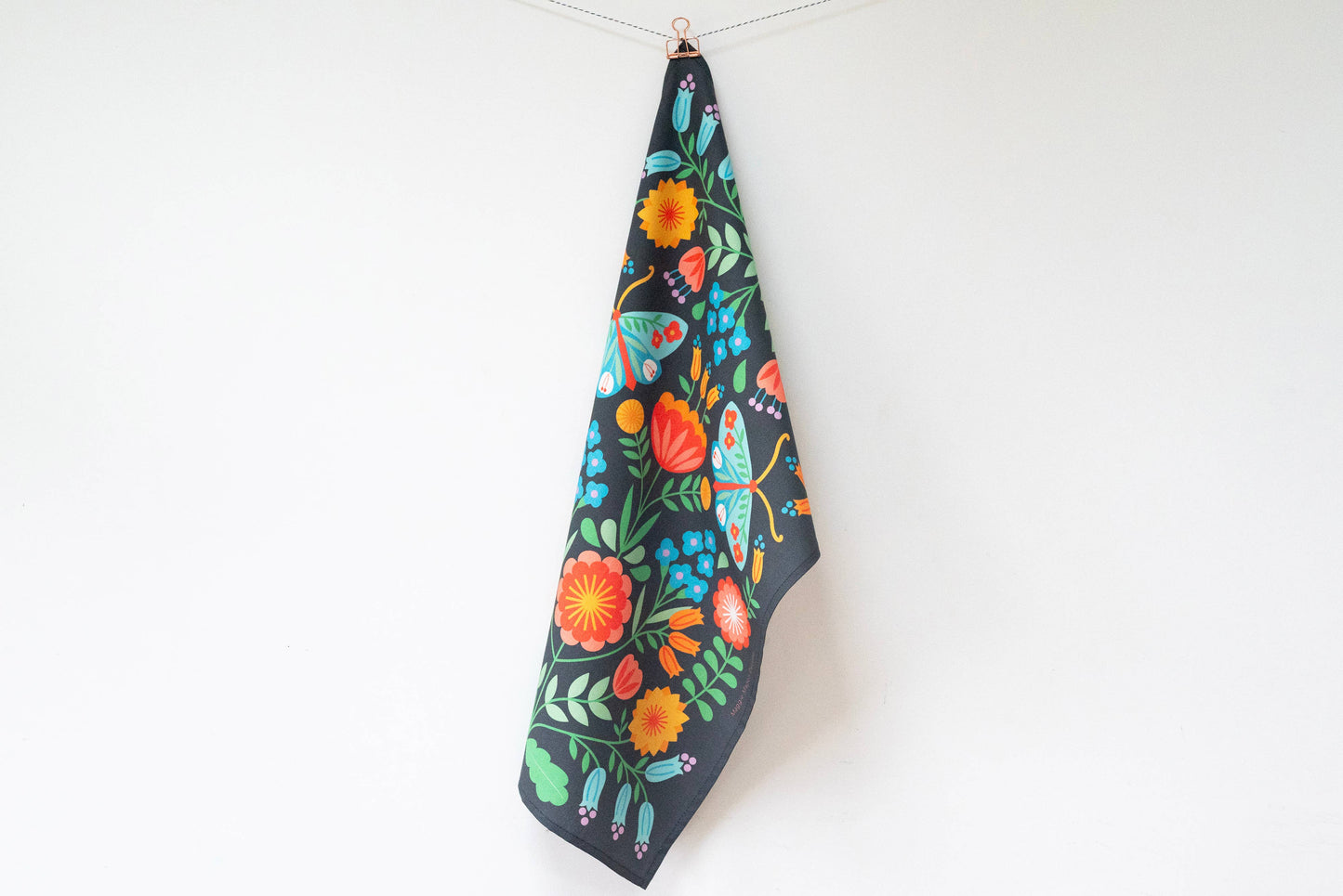 Maggie Magoo | Tea Towel | Black Moths & Flowers