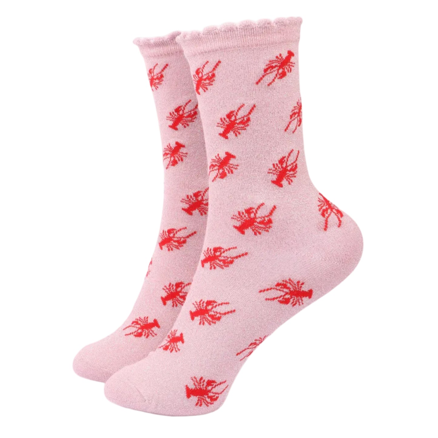 Sock Talk | Women's Glitter Socks | Light Pink Red Lobster with Scalloped Cuff | UK 3-7
