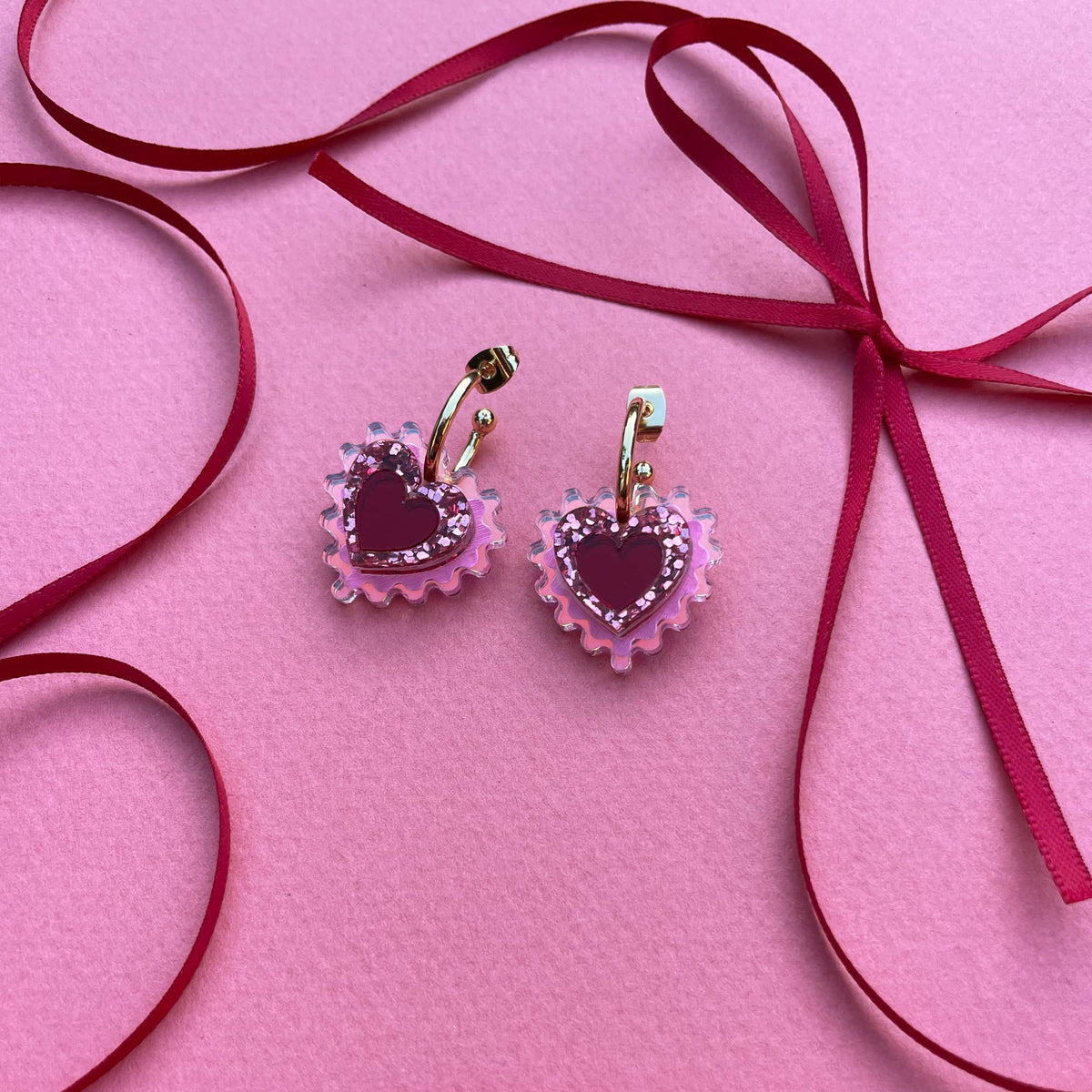 Rosa Pietsch | Mini Wiggle Heart Hoop Earrings | Rose, Red and Iridescent
