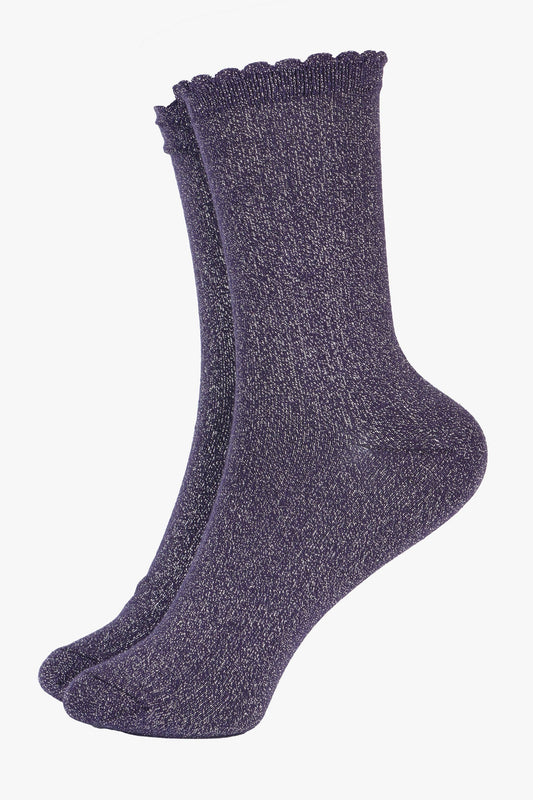 Sock Talk | Women's Glitter Ankle Socks in Blue with a Scalloped Cuff UK 3-7 | EU 36-40