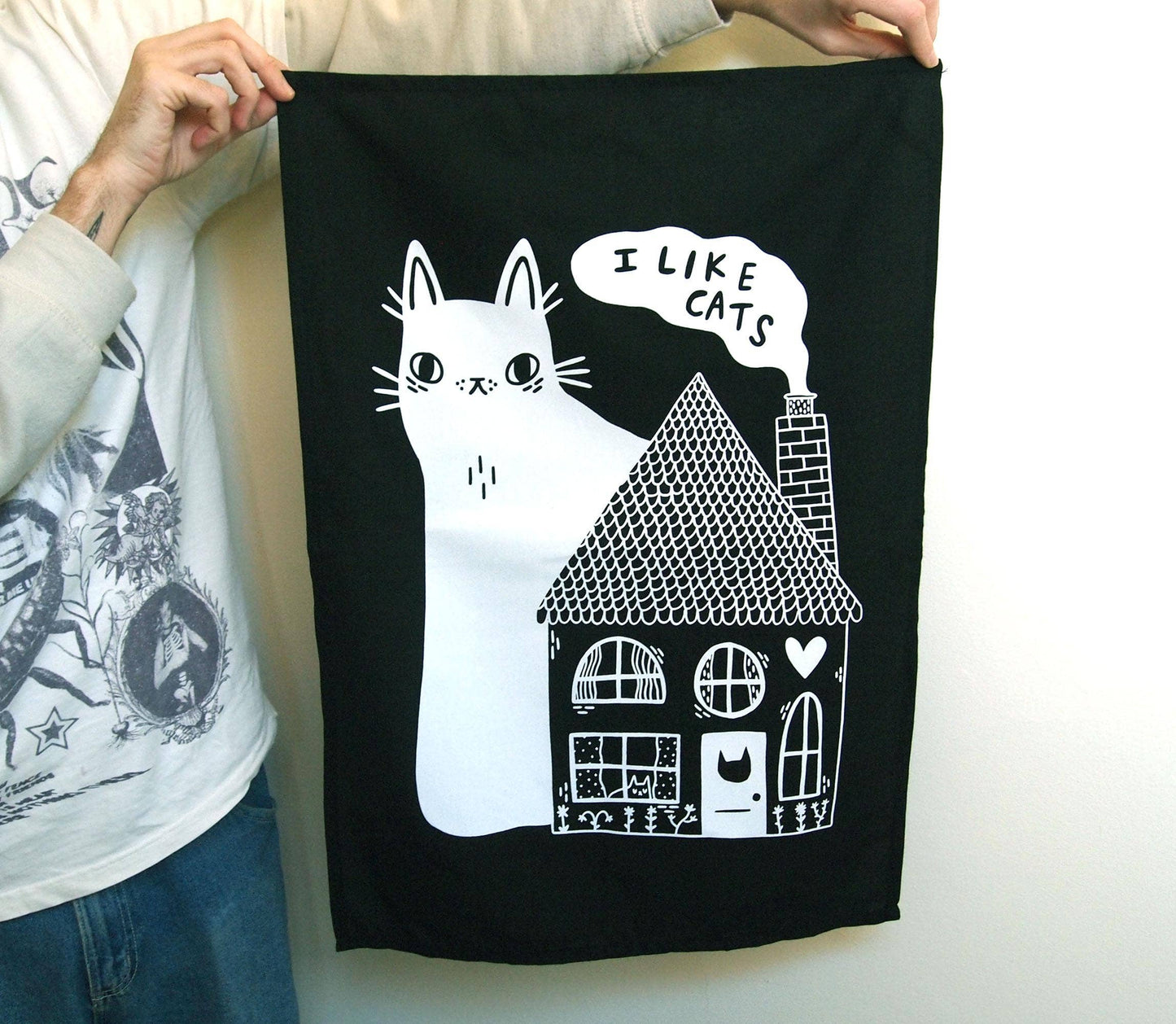 I Like Cats | Cotton Screen Printed Tea Towel | Cat and House