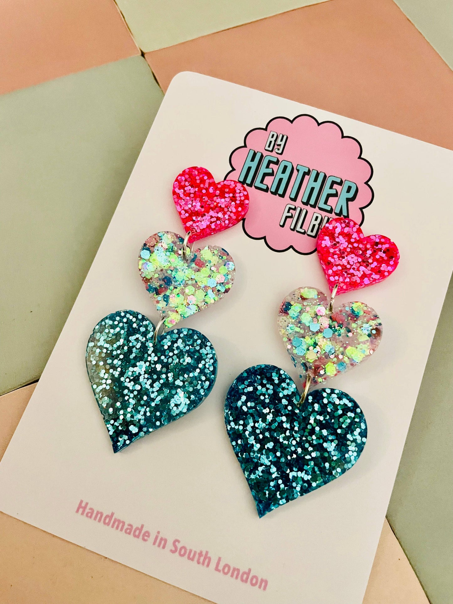 By Heather Filby | Glitzy Glitter Earrings | Triple Heart