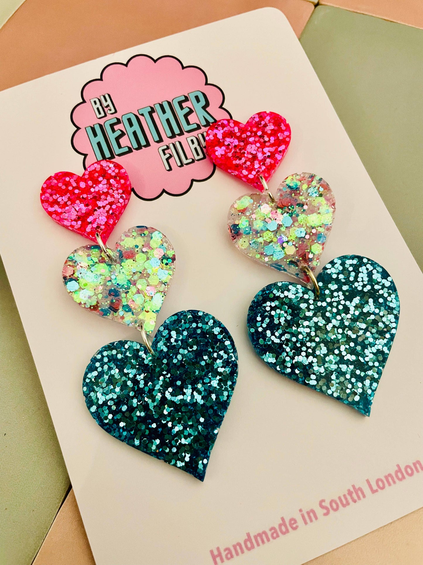 By Heather Filby | Glitzy Glitter Earrings | Triple Heart