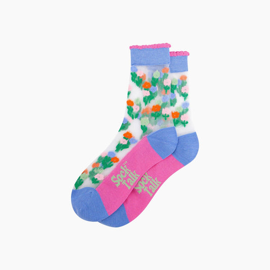 Sock Talk | Floral Posy Combed Cotton Sheer Pop Socks in Blue | UK 3-7