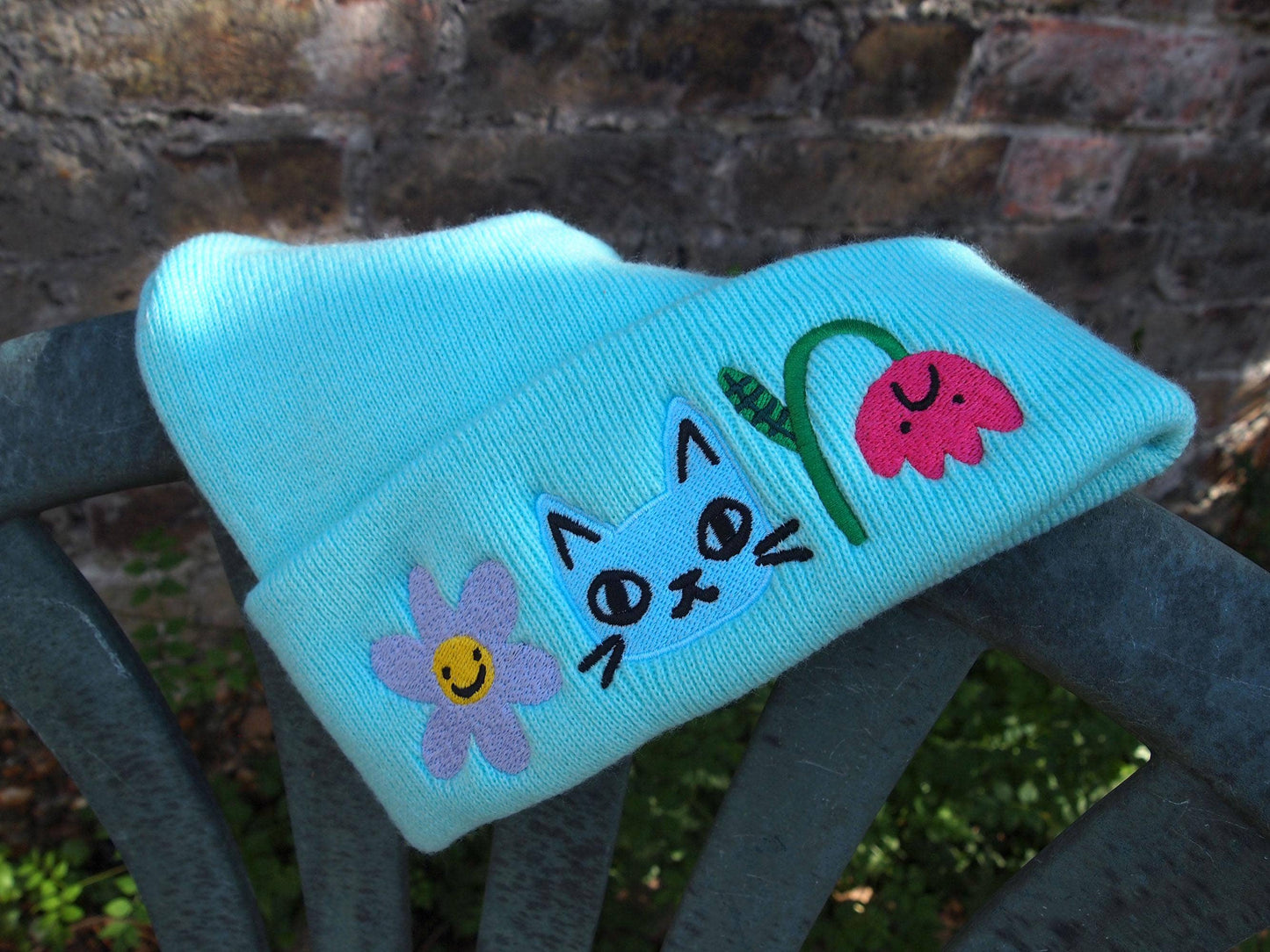 I Like Cats | Embroidered Knitted Beanie Hat | Cat & Flowers