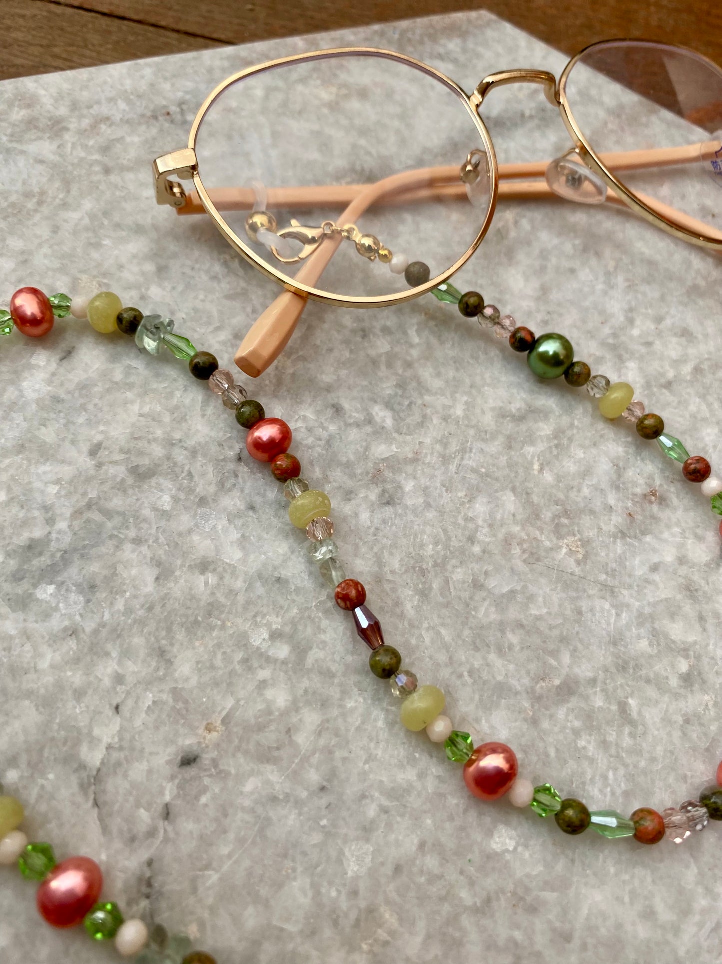 Northern Rose | Detachable Beaded Glasses Chain | Pearls, Unakite & Aventurine