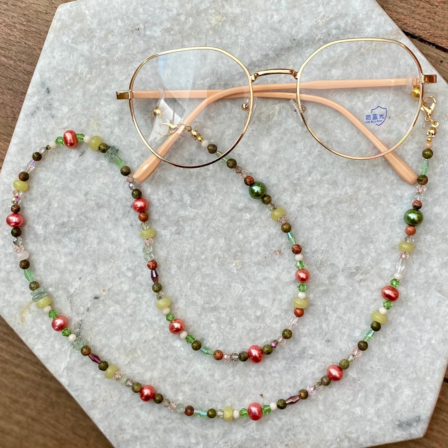 Northern Rose | Detachable Beaded Glasses Chain | Pearls, Unakite & Aventurine