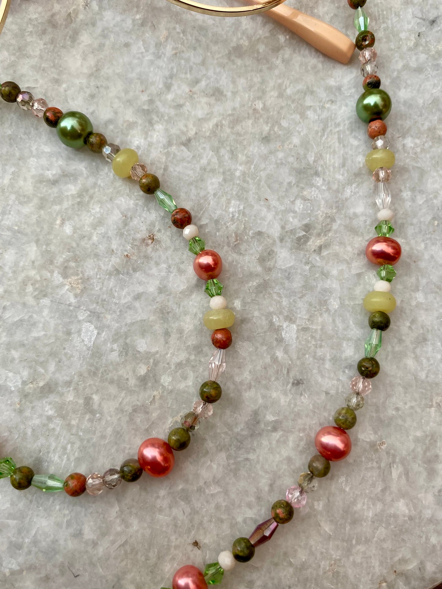 Northern Rose | Detachable Beaded Glasses Chain | Pearls, Unakite & Aventurine