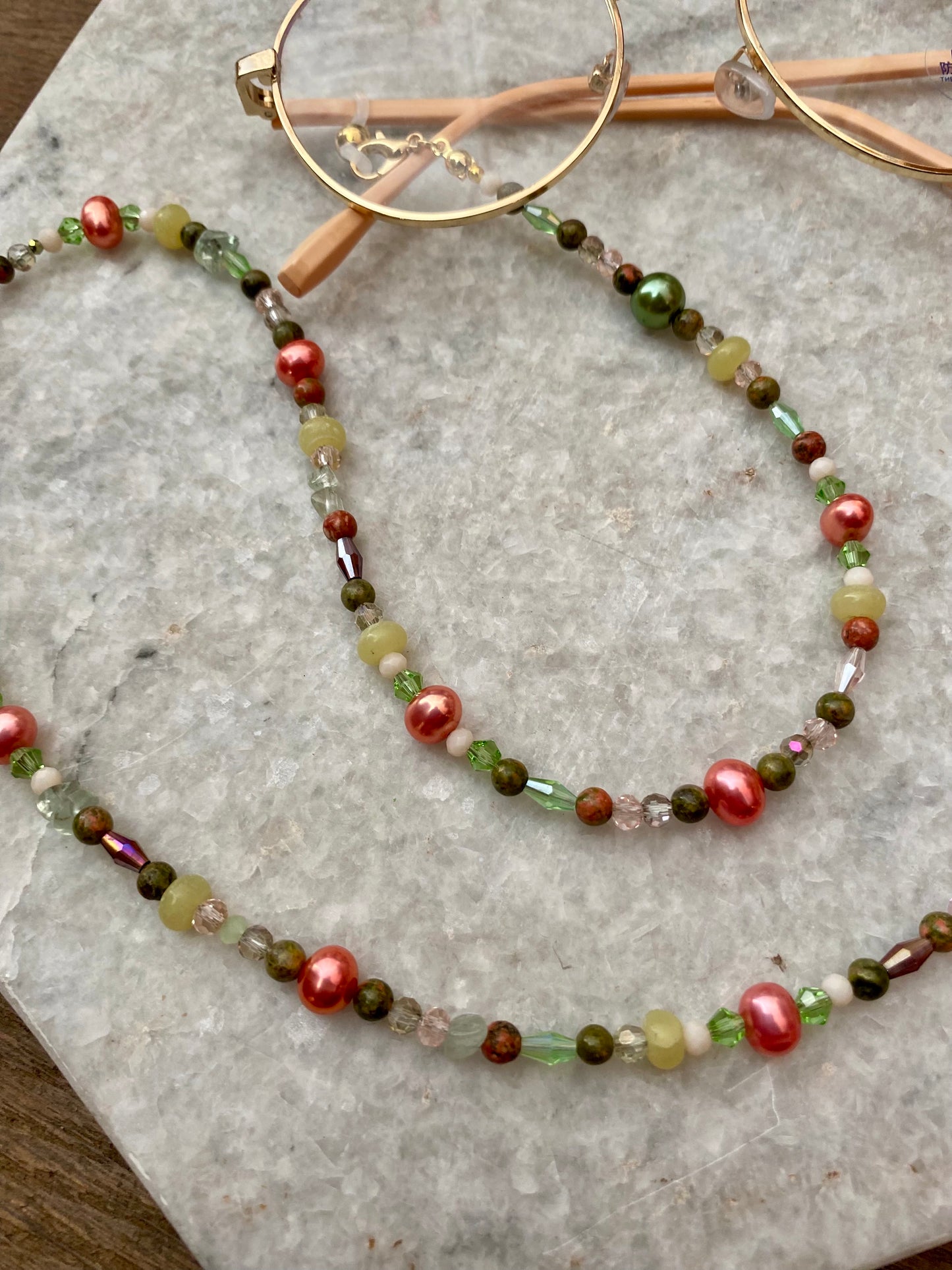 Northern Rose | Detachable Beaded Glasses Chain | Pearls, Unakite & Aventurine